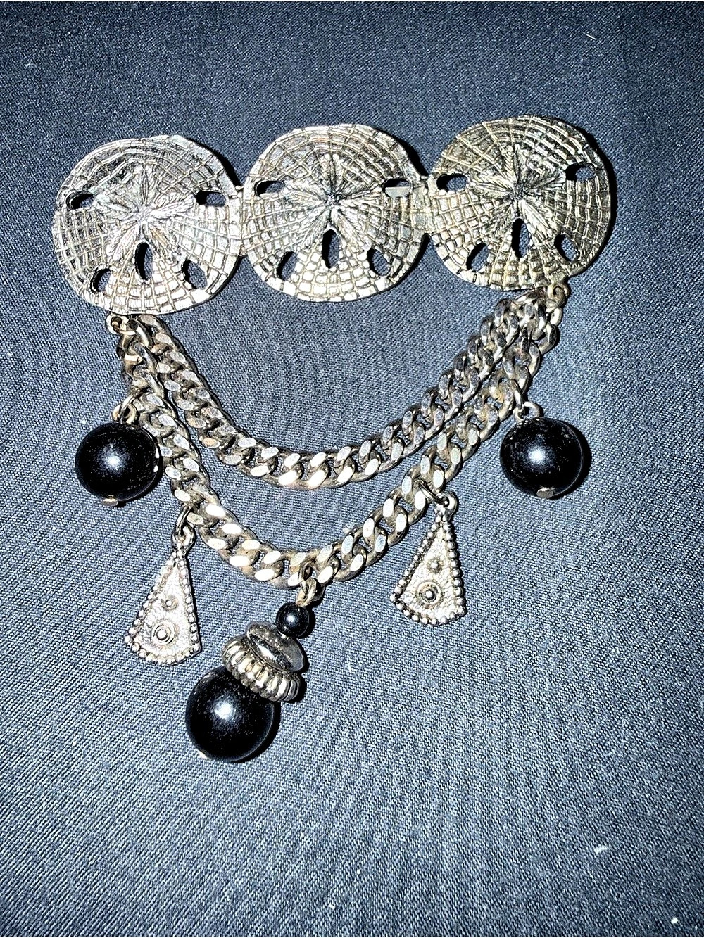 Coastal Chic vintage triple sand dollar dangle Statement Brooch textured beaded